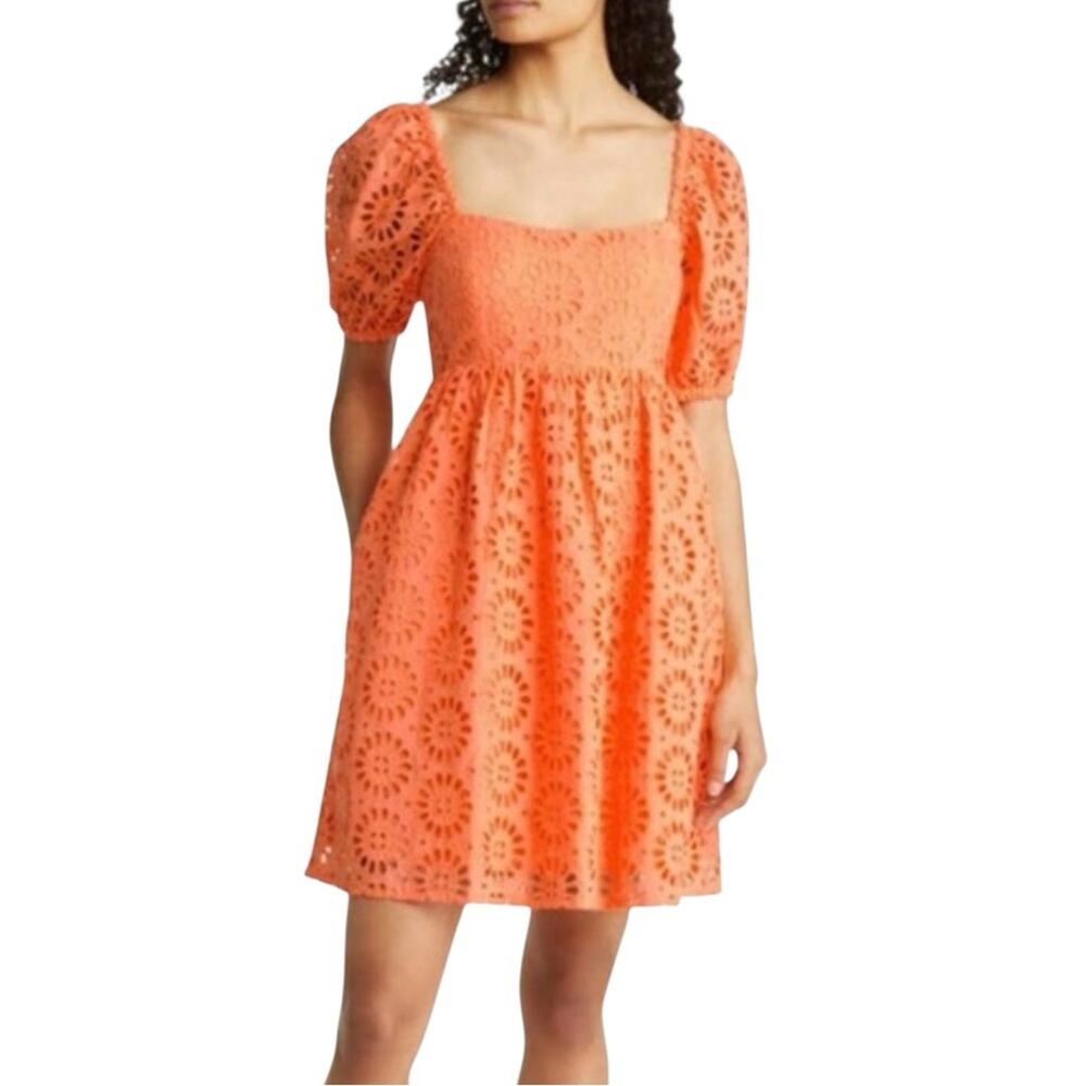 Lilly Pulitzer Kay Puff Sleeve Orange Eyelet Lace Babydoll Mini Dress 6
